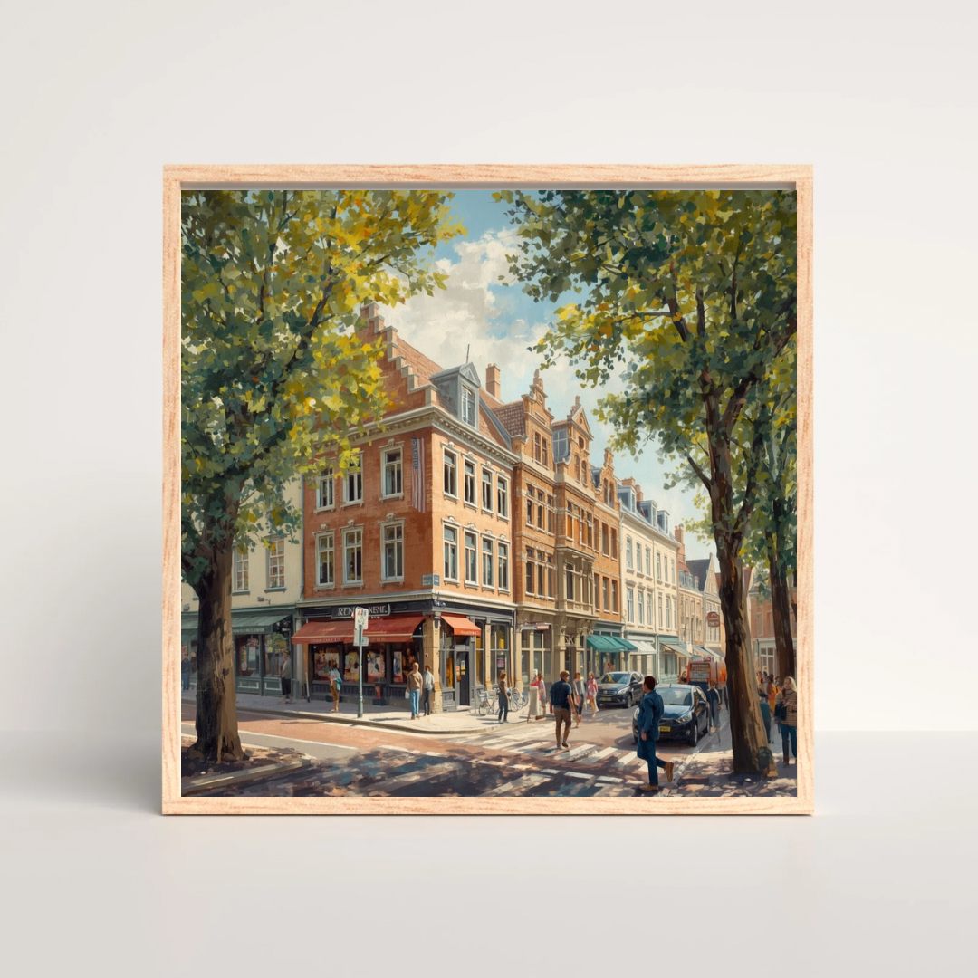 Arnhem historische laan schilderij in donkere lijst aan witte muur boven zwart tv-meubel met decoraties en lamp – realistisch wall art woonkamer
