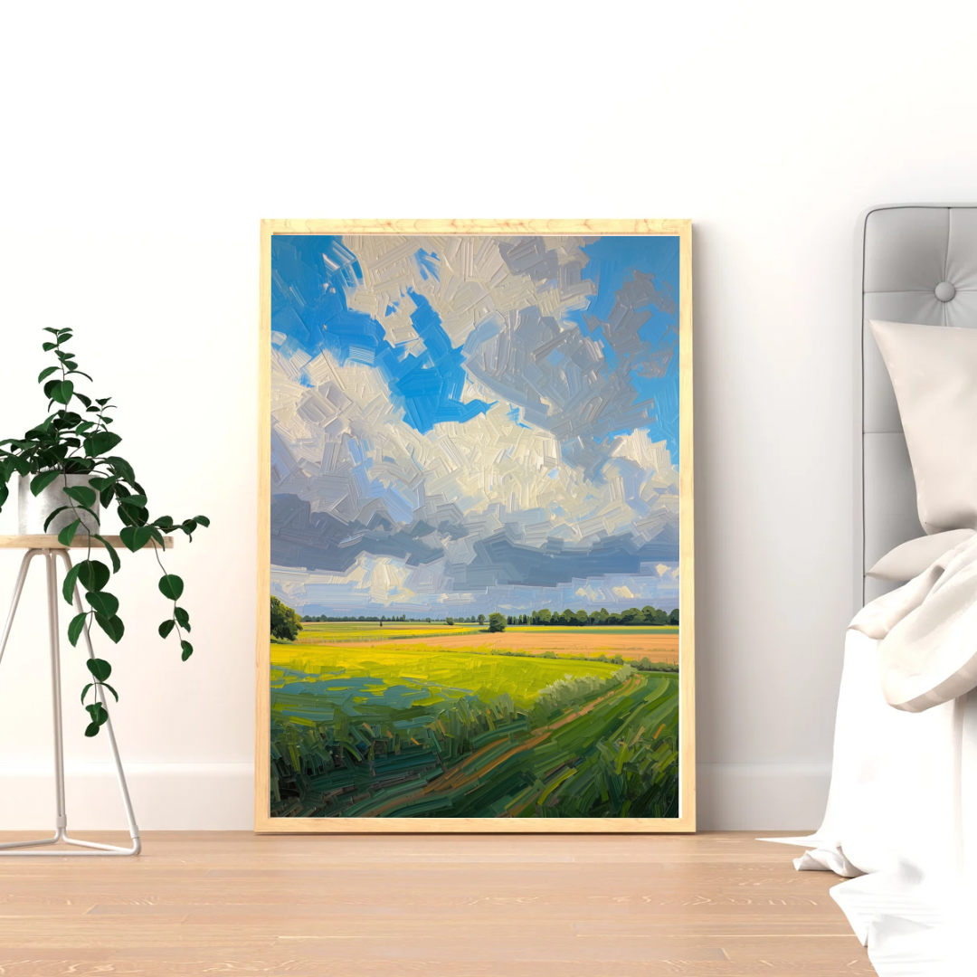 Polderlandschap schilderij in zwarte lijst staand op lichte houten vloer tegen witte muur naast grote groene plant – impressionistisch olieverf wall art woonkamer
