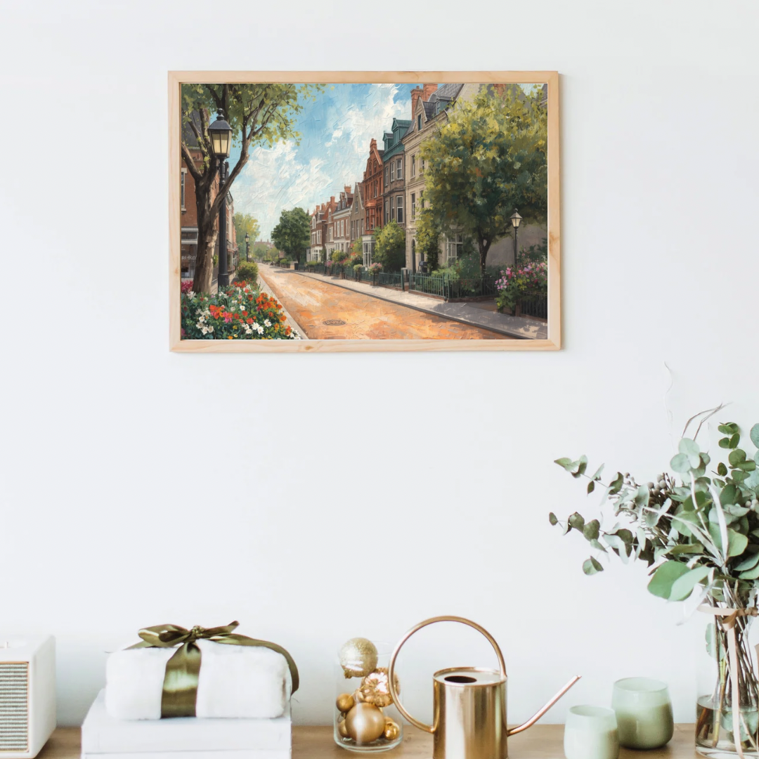 Arnhem villalaan schilderij in lichte lijst aan witte muur boven witte wastafel met spiegel en badkameraccessoires – aquarel wall art badkamer
