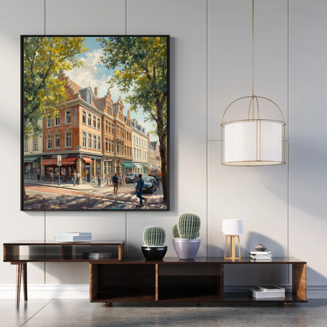 Arnhem historische laan schilderij in donkere lijst aan witte muur boven zwart bureau met lamp in modern thuiskantoor – realistisch wall art thuiskantoor

