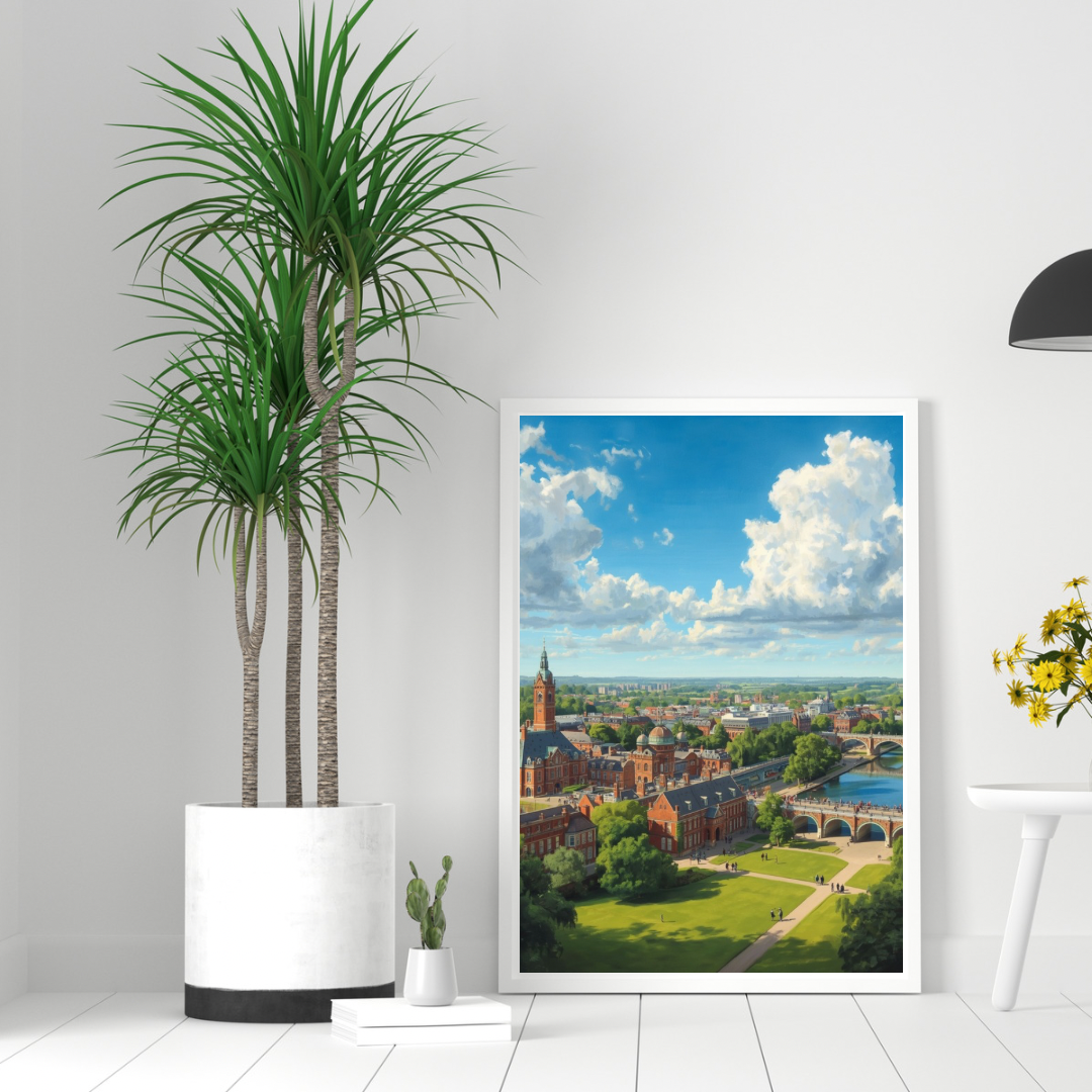 Arnhem vogelvlucht stadsgezicht schilderij in donkere lijst aan witte muur naast grote groene palm in witte pot op lichte vloer – cinematisch wall art woonkamer
