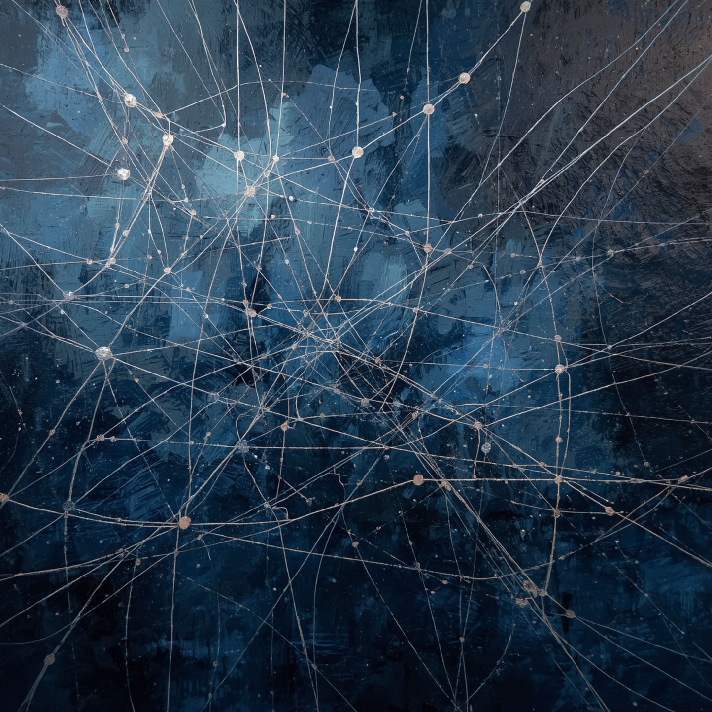 Neuraal netwerk schilderij met complex web van witte lijnen en knooppunten als neuraal netwerk op diepe nachtblauwe achtergrond met wolkachtige blauwe nevels en subtiele glinstering – abstract wall art print
