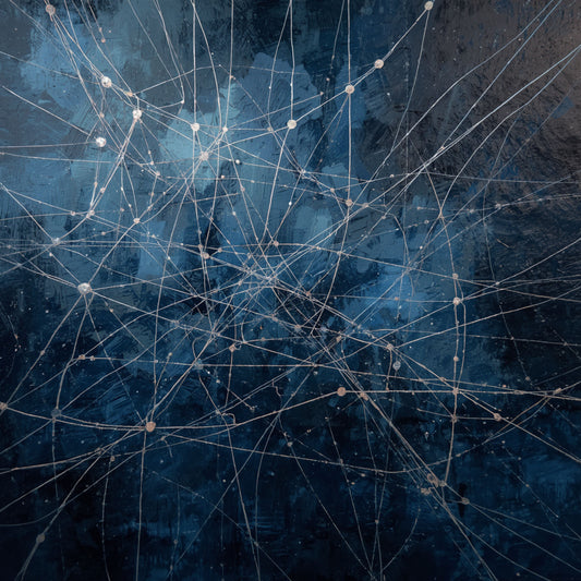 Neuraal netwerk schilderij met complex web van witte lijnen en knooppunten als neuraal netwerk op diepe nachtblauwe achtergrond met wolkachtige blauwe nevels en subtiele glinstering – abstract wall art print
