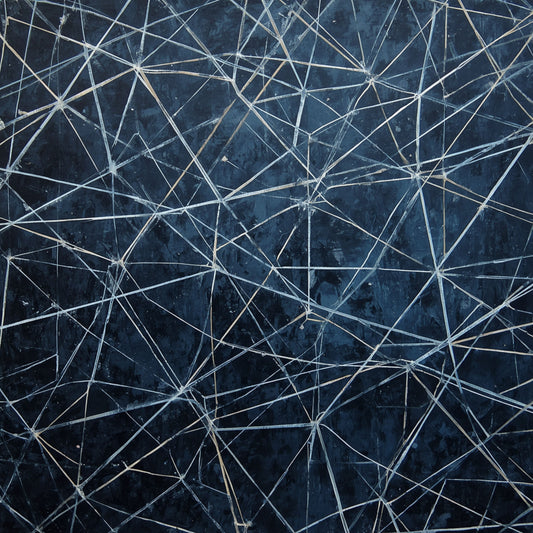 Abstract geometrisch lijnennetwerk schilderij met chaotisch dynamisch netwerk van witte en zilveren rechte lijnen die driehoekige vormen creëren op diepe marineblauw en antraciet geschilderde achtergrond met rijke penseelstructuur – abstract olieverf wall art print
