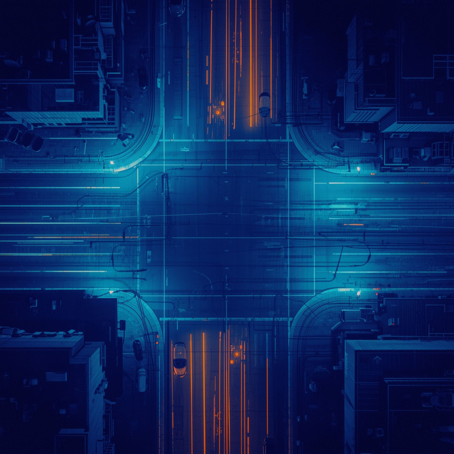 Cyberpunk stad schilderij met cinematisch digitaal bovenaanzicht van futuristisch stadskruispunt met gloeiend neon blauw kruisvormig middelpunt complexe circuitachtige stadsstructuren en warme oranje lichtstrepen op diepe nachtblauwe achtergrond – digitaal wall art print
