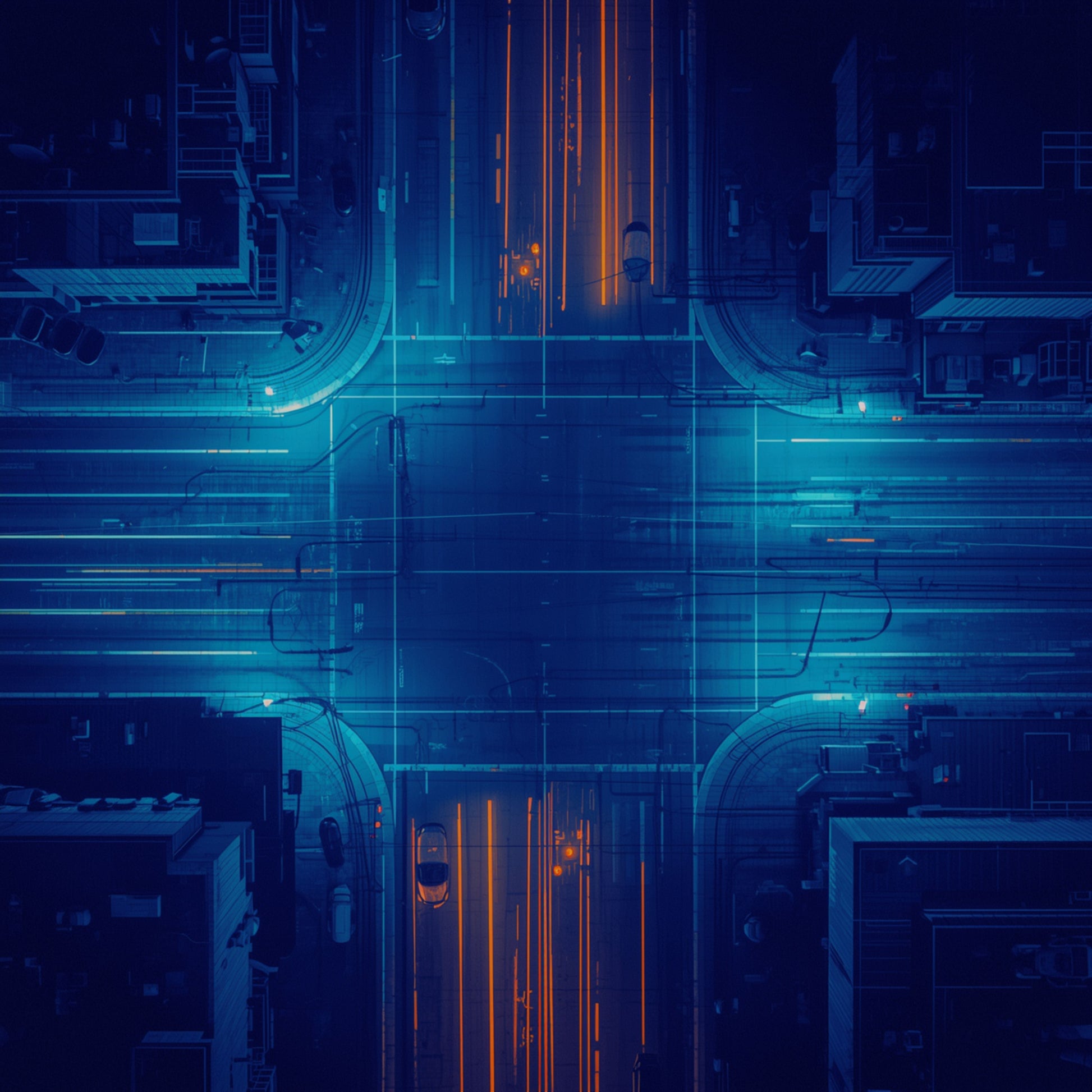 Cyberpunk stad schilderij met cinematisch digitaal bovenaanzicht van futuristisch stadskruispunt met gloeiend neon blauw kruisvormig middelpunt complexe circuitachtige stadsstructuren en warme oranje lichtstrepen op diepe nachtblauwe achtergrond – digitaal wall art print
