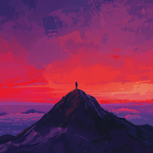Bergpiek schilderij met eenzame figuur staand op scherpe donkerpaarse bergpiek boven zee van paarse wolken onder explosieve vuurrode en magenta geschilderde zonsondergangslucht met dramatische wolkenstructuren – cinematisch digitaal wall art print
