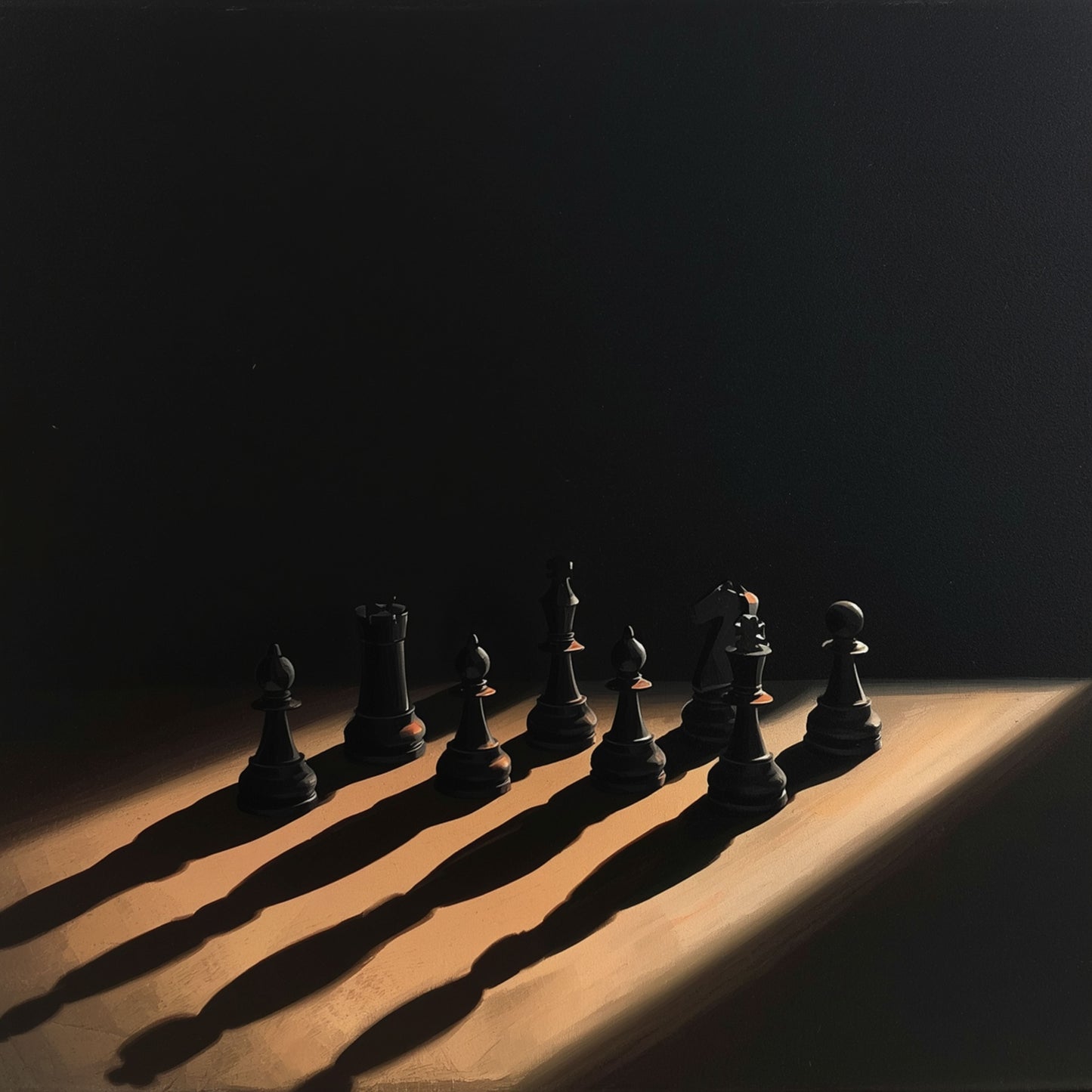 Schaakstukken schilderij met diagonale rij zwarte schaakstukken met dramatische lange schaduwen op warm amber verlicht oppervlak tegen diepe zwarte achtergrond – cinematisch fotografie wall art print
