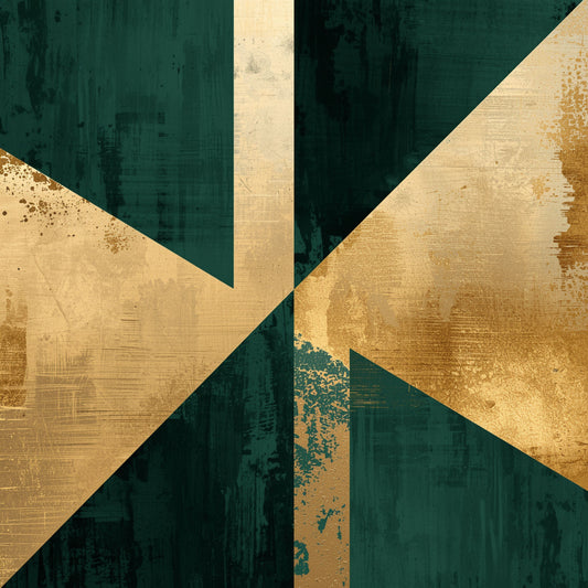 Geometrisch kruis schilderij met groot diagonaal kruis van goudfolie met rijke bladgoud textuur op diepe smaragdgroene geschilderde achtergrond met expressieve penseelstreken en subtiele verfafschilfering – abstract luxe wall art print
