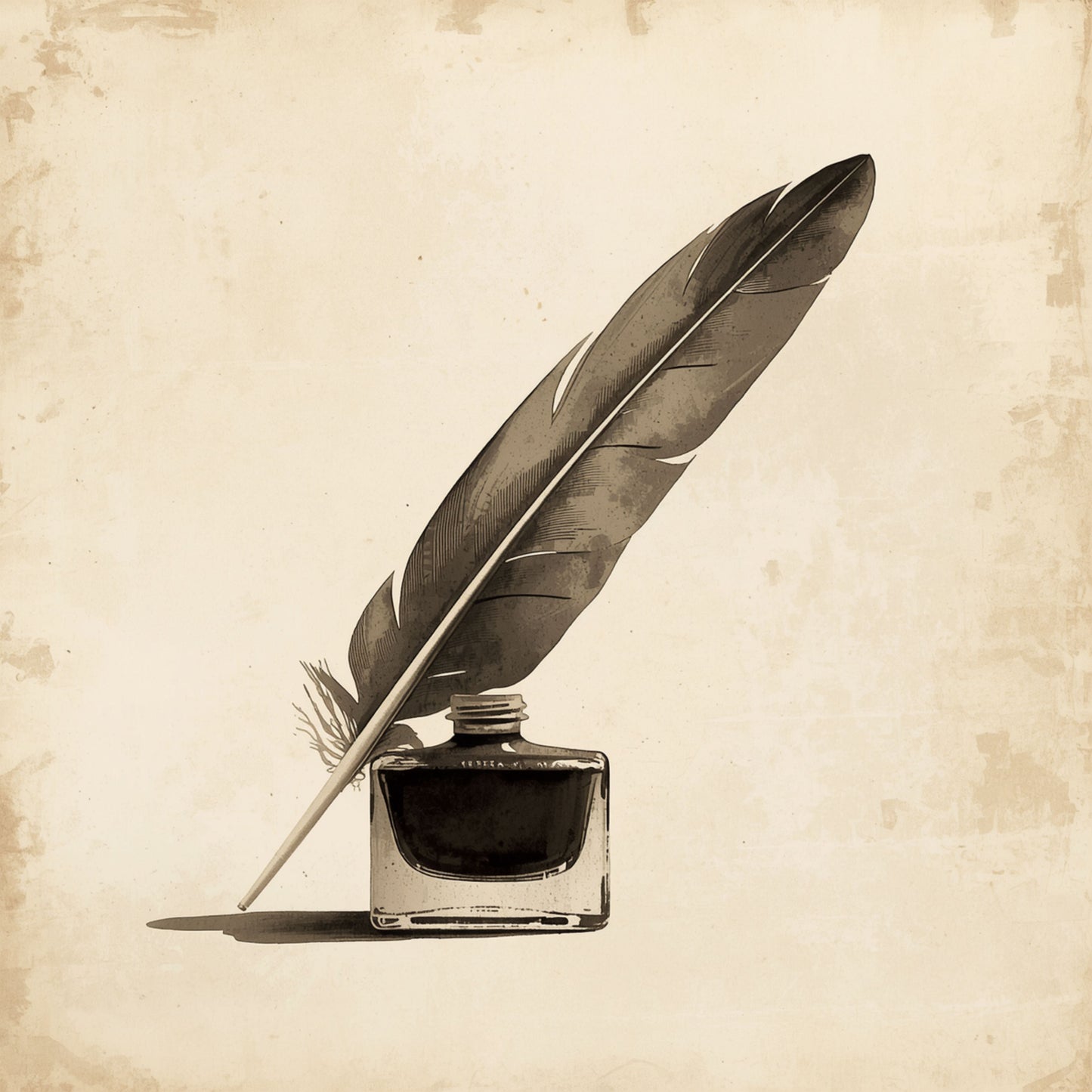 Veer inktpot schilderij met sierlijke donkere schrijfveer leunend tegen glazen inktpot op vintage beige gestructureerde achtergrond – klassiek illustratief wall art print
