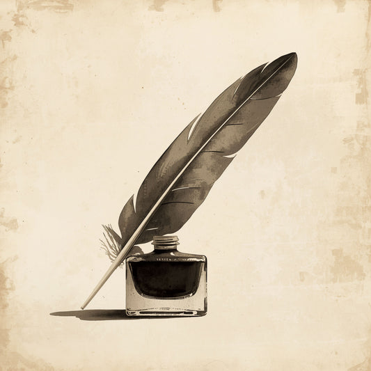 Veer inktpot schilderij met sierlijke donkere schrijfveer leunend tegen glazen inktpot op vintage beige gestructureerde achtergrond – klassiek illustratief wall art print
