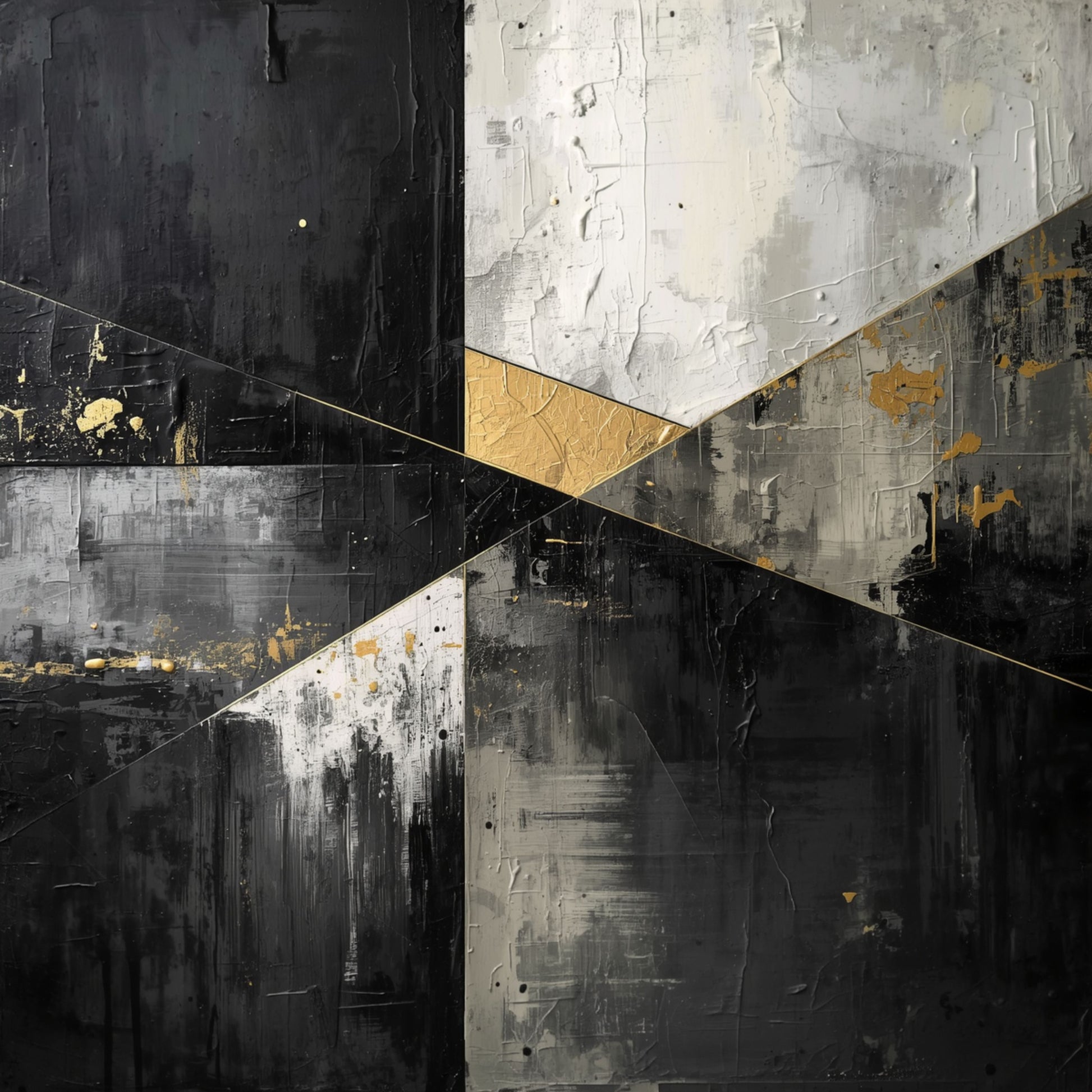 Abstract geometrisch schilderij met diagonale driehoekige vlakken in diepe zwart antraciet grijs en verweerde betonachtige texturen met slanke gouden diagonale streep op donkere expressieve achtergrond – abstract olieverf wall art print
