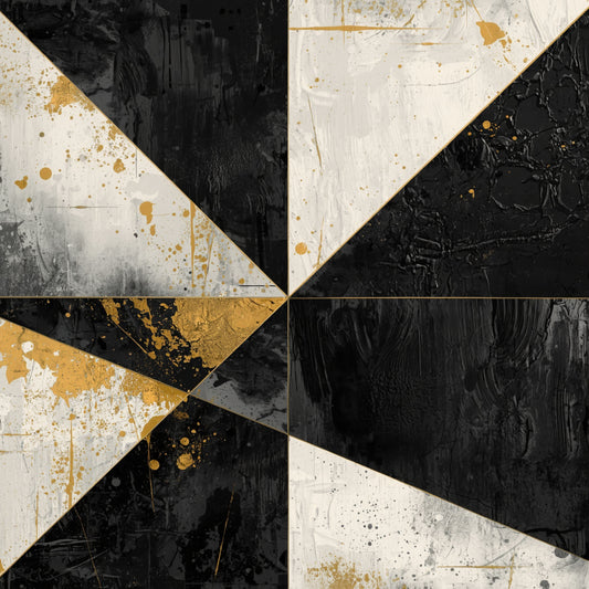 Abstract geometrisch schilderij met vier vlakken van afwisselende zwarte en gebroken witte driehoeken in pinwheel compositie met rijke verweerde texturen en gouden spatten en verfdruppels – abstract olieverf wall art print
