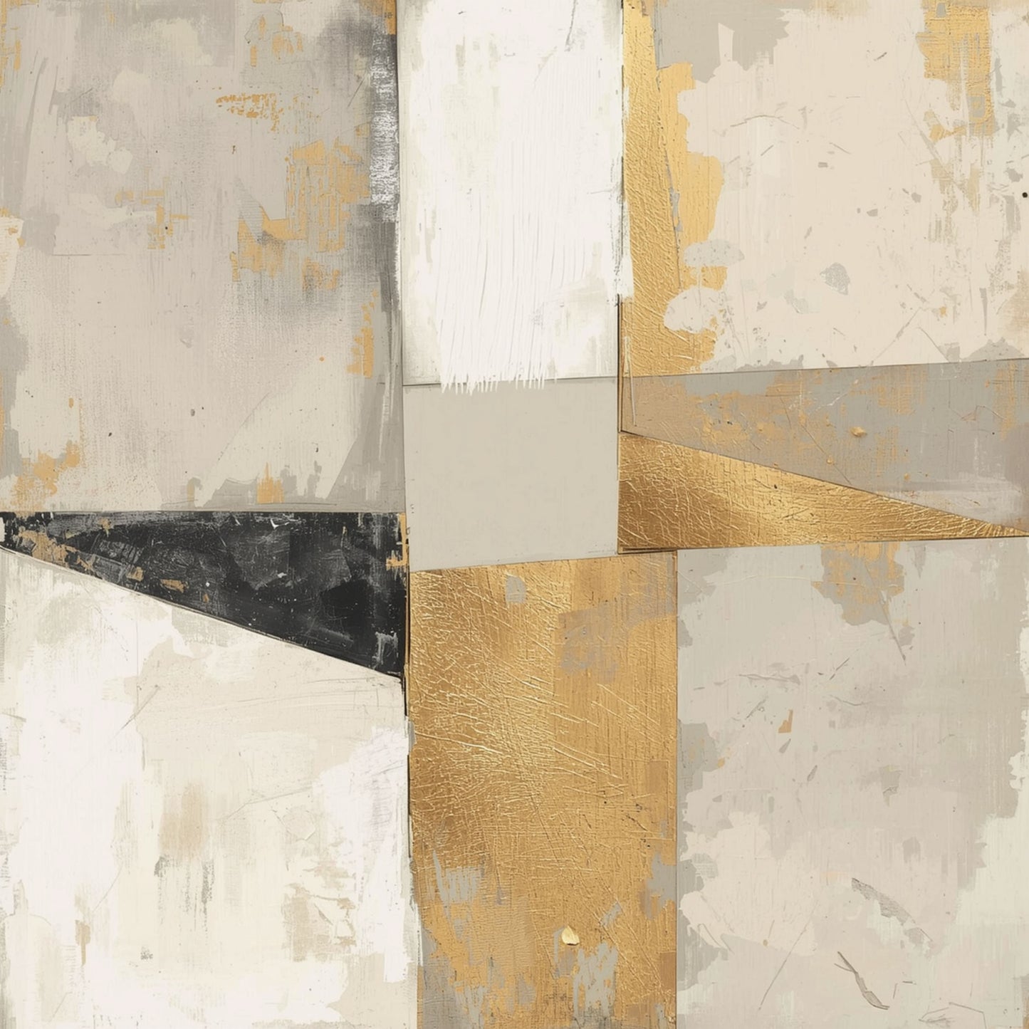 Abstract geometrisch blokken schilderij met rasterachtige compositie van rechthoekige vlakken in warme beige gebroken wit zandgoud en zwart accent met rijke verweerde texturen en subtiele penseelstreken – abstract olieverf wall art print
