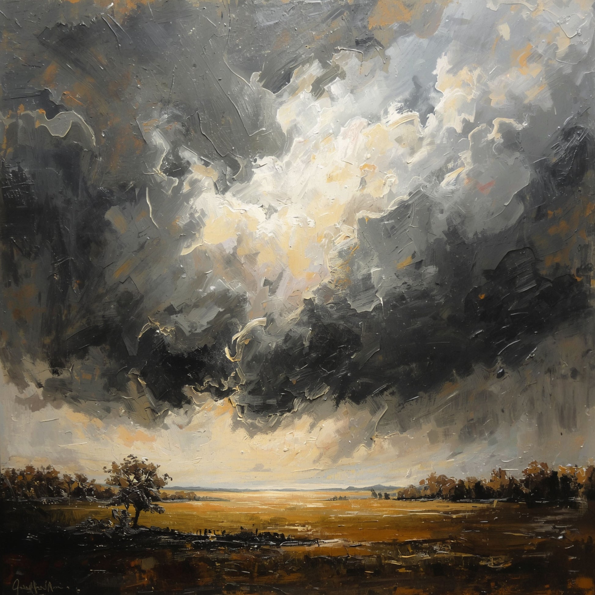 Stormlucht landschap schilderij met explosieve donkere stormlucht van wervelende antraciet en crème wolken met dramatische lichtdoorbraak in centrum boven sombre donkerbruin landschap met boomsilhouetten – cinematisch olieverf wall art print
