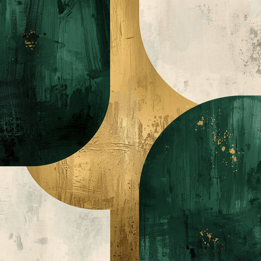 Abstract cirkels schilderij met grote overlappende cirkelbogen in diep smaragdgroen met rijke penseeltextuur en brede gouden boog met bladgoud spatten op warme gebroken witte achtergrond – luxe abstract olieverf wall art print
