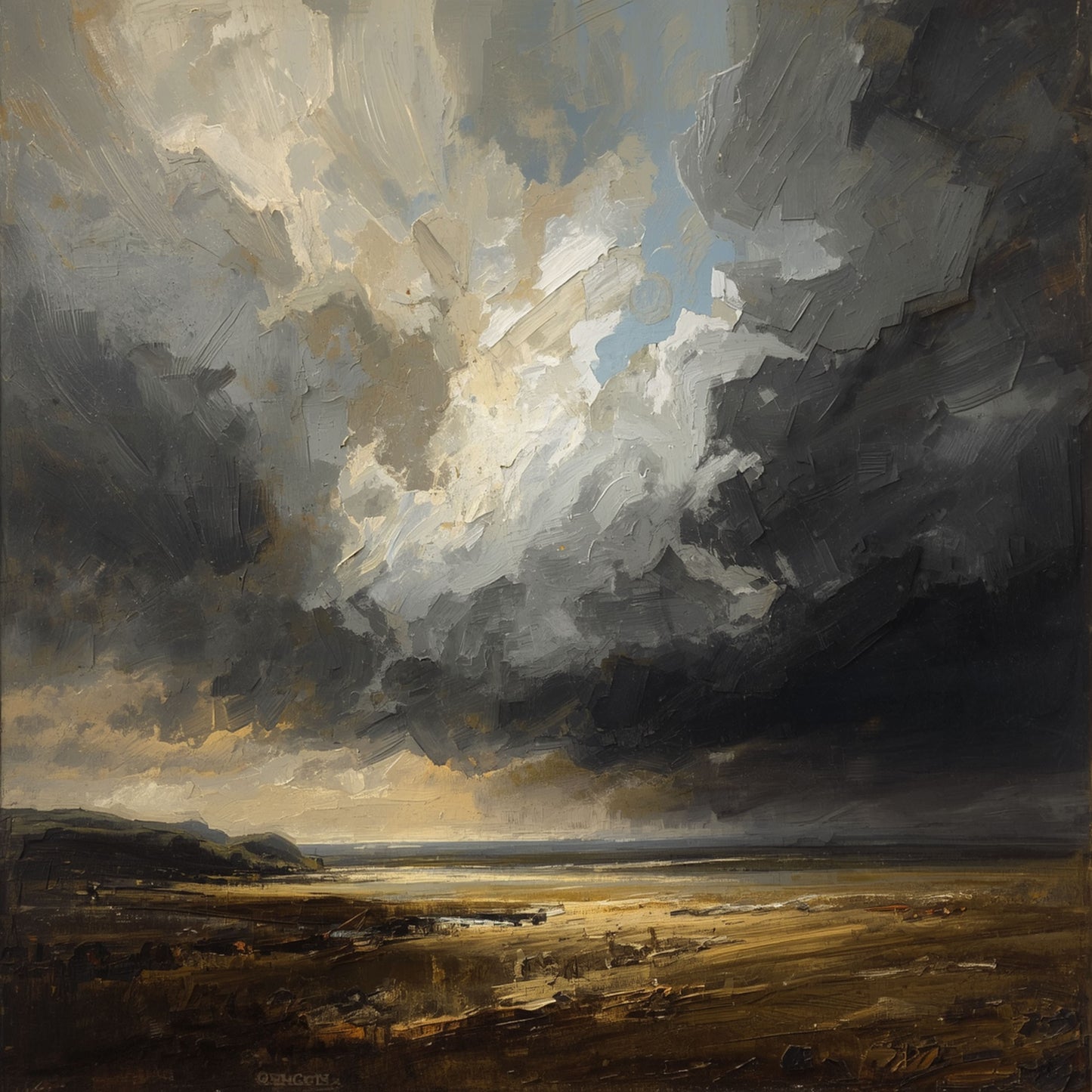 Stormlucht landschap schilderij met dramatische stormlucht van wervelende antraciet en crème wolken met warmgouden lichtdoorbraak boven breed open landschap met glinsterende watervlakte en donkere boomsilhouetten aan horizon – cinematisch olieverf wall art print
