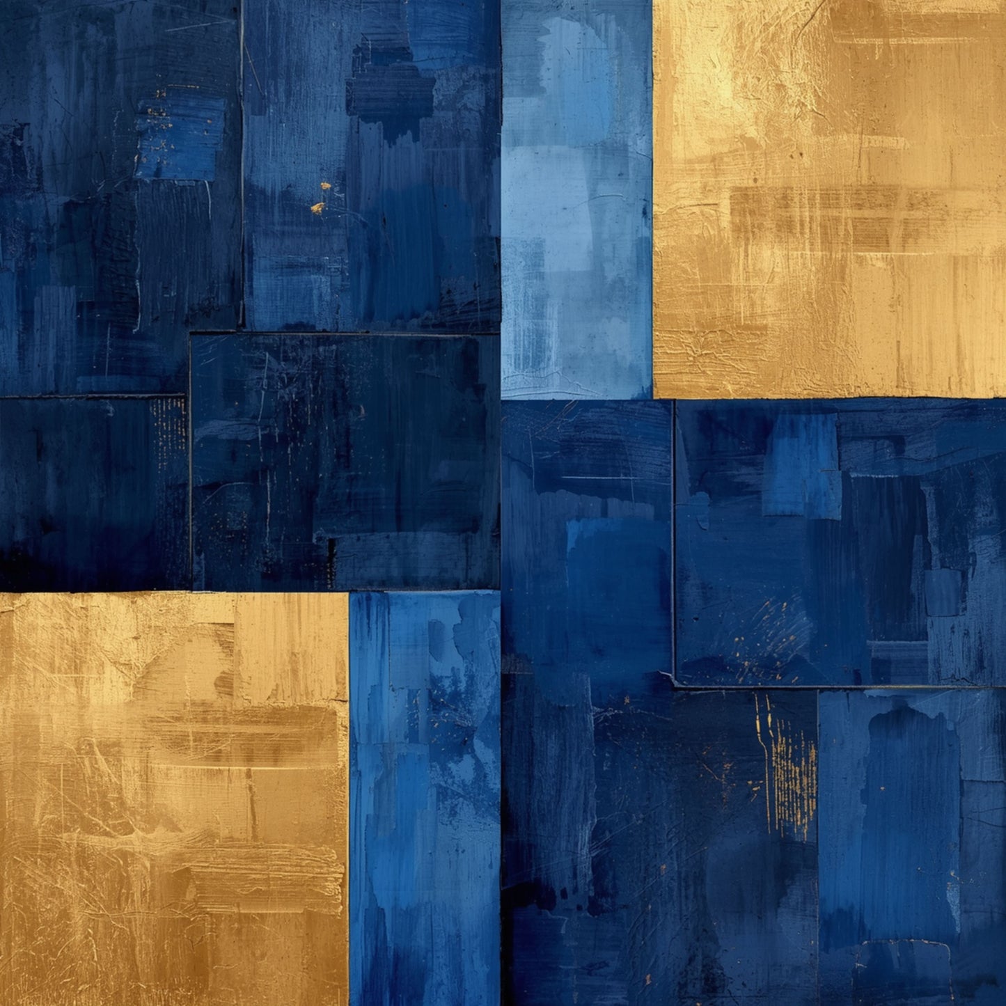 Abstract geometrisch blokken schilderij met rasterachtige compositie van rechthoekige vlakken in diepe marineblauw kobaltblauw en warme gouden koperkleurige tinten met rijke verweerde penseeltexturen en subtiele verfkrassen – abstract olieverf wall art print
