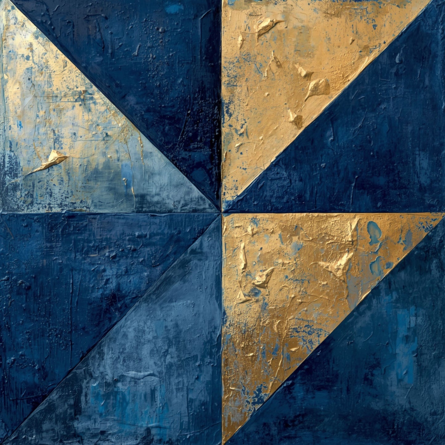 Abstract geometrisch driehoeken schilderij met vier diagonaal verdeelde vlakken in pinwheel compositie met afwisselende marineblauw en warme gouden driehoeken met rijke verweerde impasto texturen en subtiele verfkrassen – abstract olieverf wall art print
