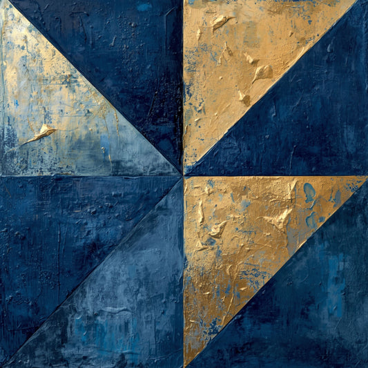 Abstract geometrisch driehoeken schilderij met vier diagonaal verdeelde vlakken in pinwheel compositie met afwisselende marineblauw en warme gouden driehoeken met rijke verweerde impasto texturen en subtiele verfkrassen – abstract olieverf wall art print
