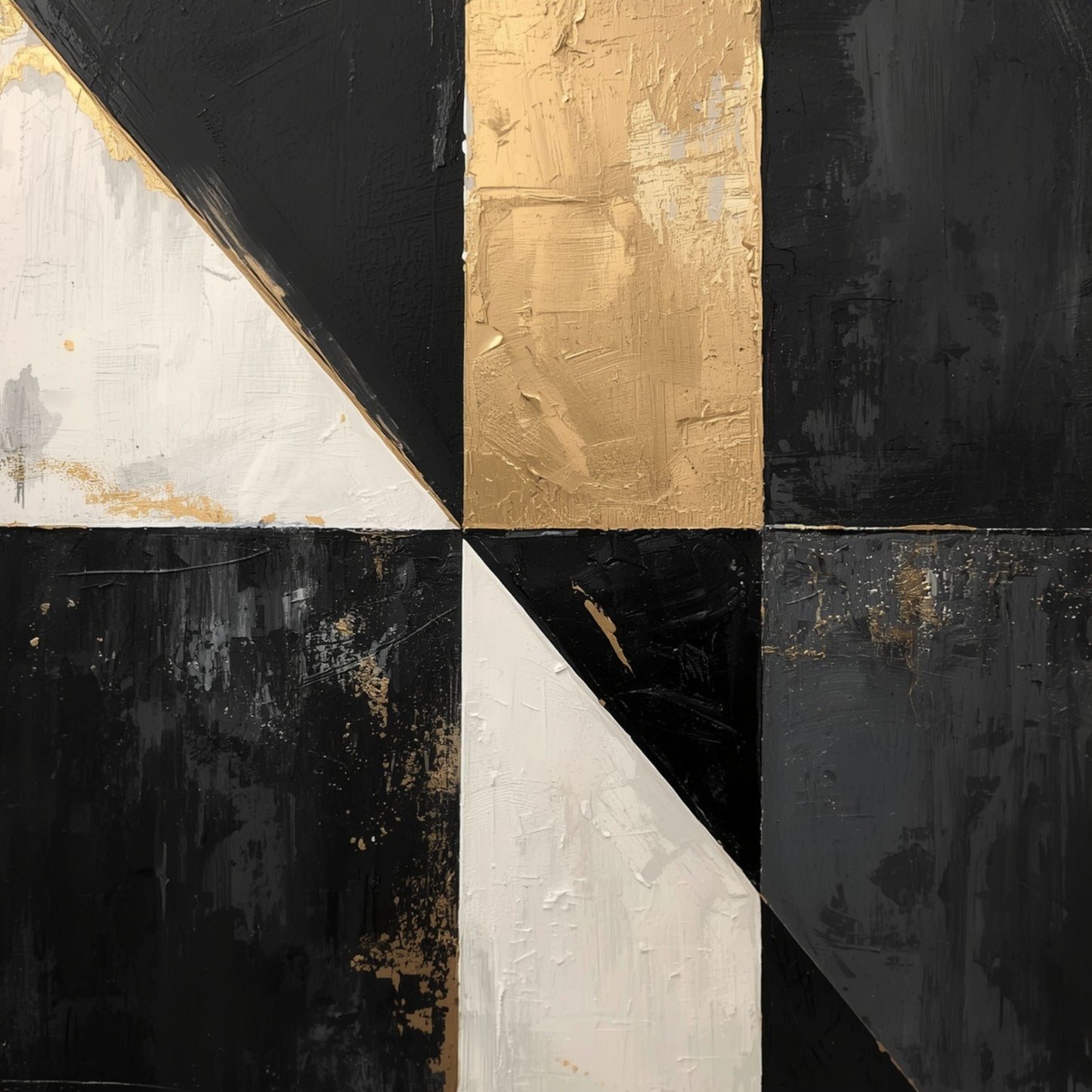Abstract geometrisch driehoeken schilderij met vier diagonaal verdeelde vlakken in pinwheel compositie met afwisselende diepe zwarte gebroken witte en warme gouden driehoeken met rijke verweerde impasto texturen en goudfolie accenten – abstract olieverf wall art print
