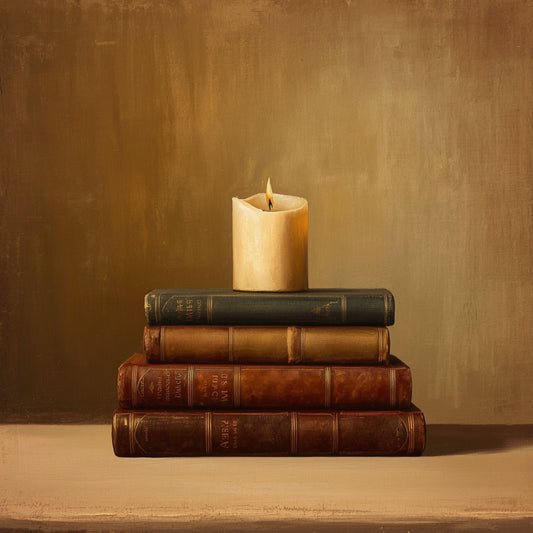Boeken en kaars stilleven schilderij met stapel vintage donkerbruine leren boeken met brandende crème kaars op warme okergouden achtergrond – klassiek fotorealistisch wall art print
