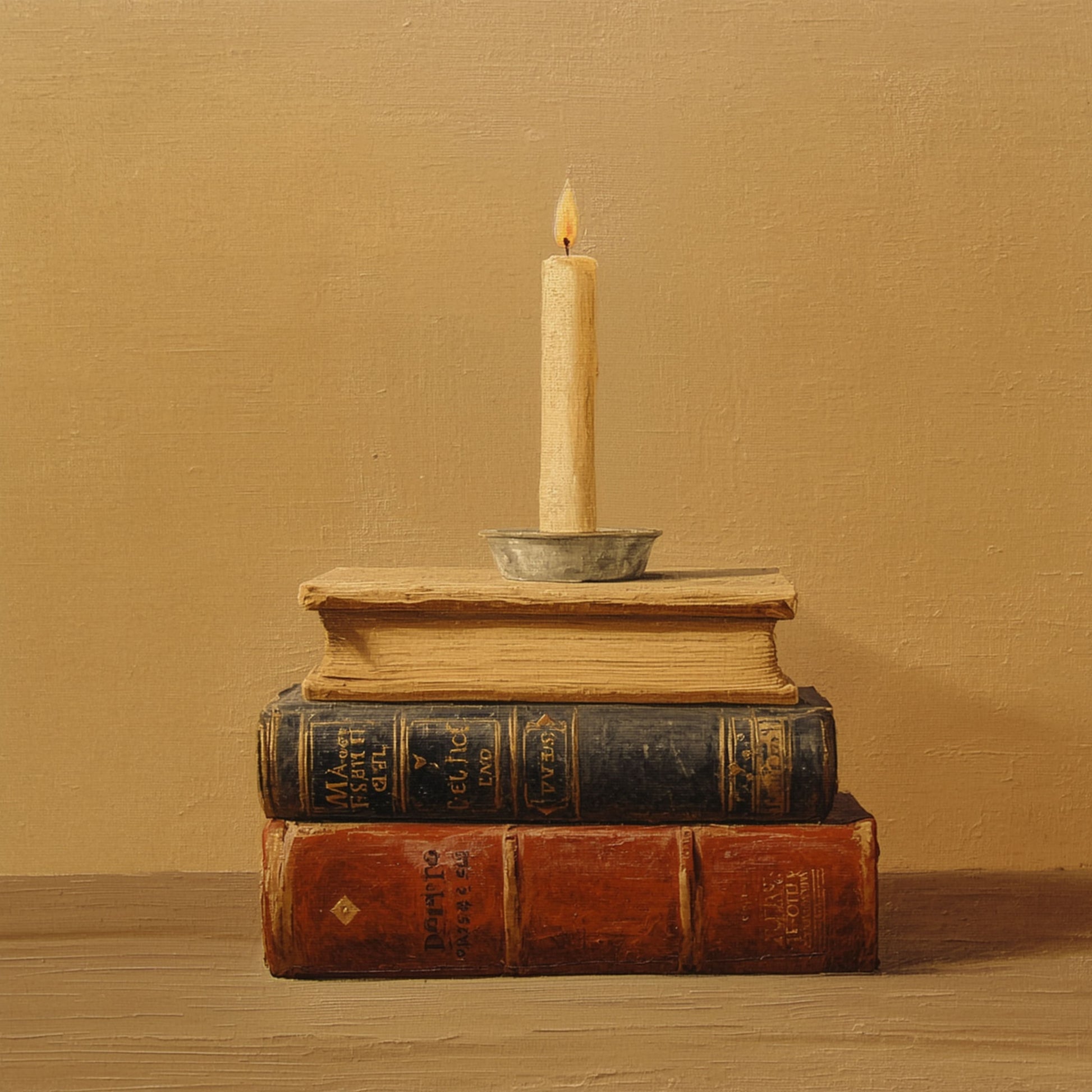 Boeken en kandelaar stilleven schilderij met stapel vintage leren boeken met slanke witte kaars in klassieke kandelaar op warme okergouden achtergrond met houten oppervlak – klassiek fotorealistisch wall art print
