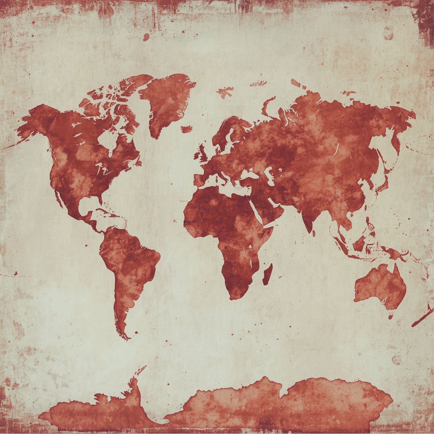 Vintage wereldkaart schilderij in terracotta en beige met verweerde textuur en aquarel stijl – klassiek reisdecor wall art print voor de woonkamer
