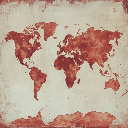Vintage wereldkaart schilderij in terracotta en beige met verweerde textuur en aquarel stijl – klassiek reisdecor wall art print voor de woonkamer

