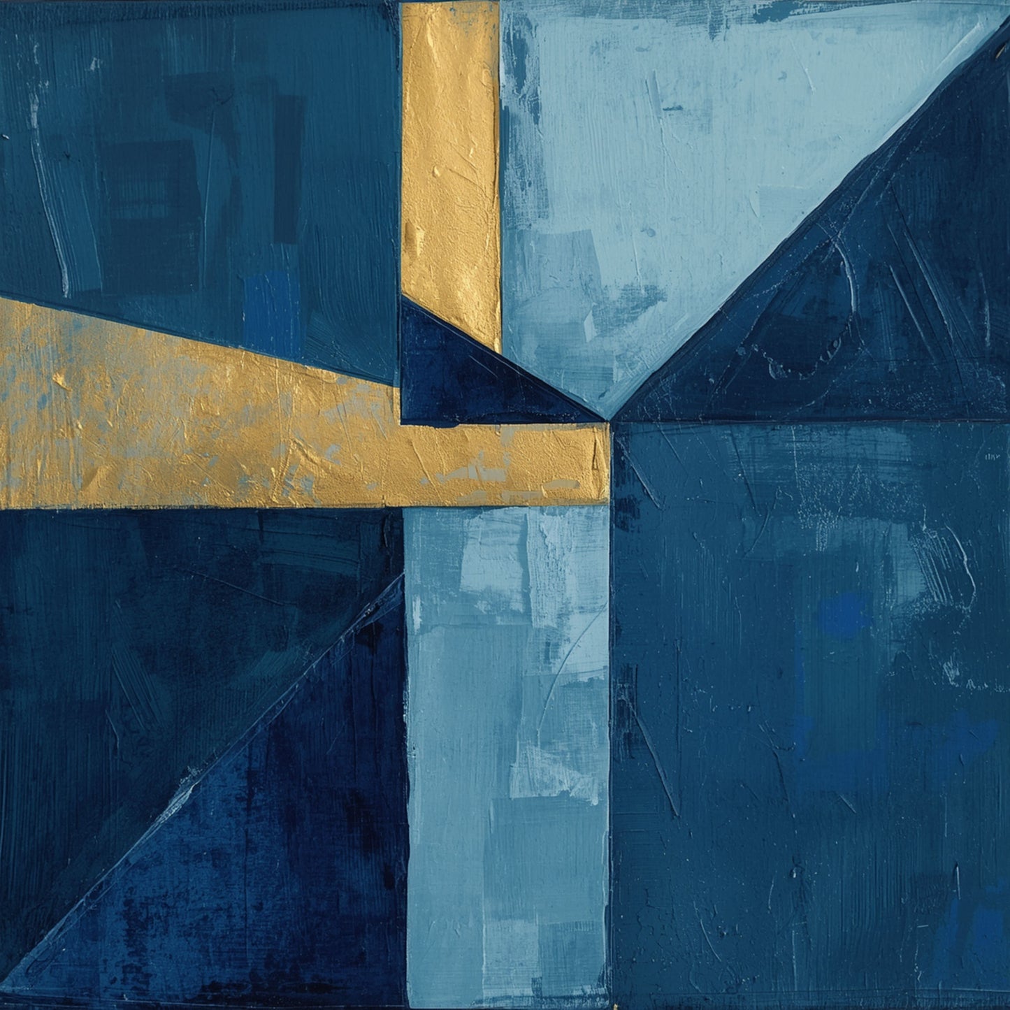 Abstract geometrisch schilderij met architectonische vlakken in diepblauw, ijsblauw en goud op donkere achtergrond – modern minimalistisch wall art print voor de studeerkamer

