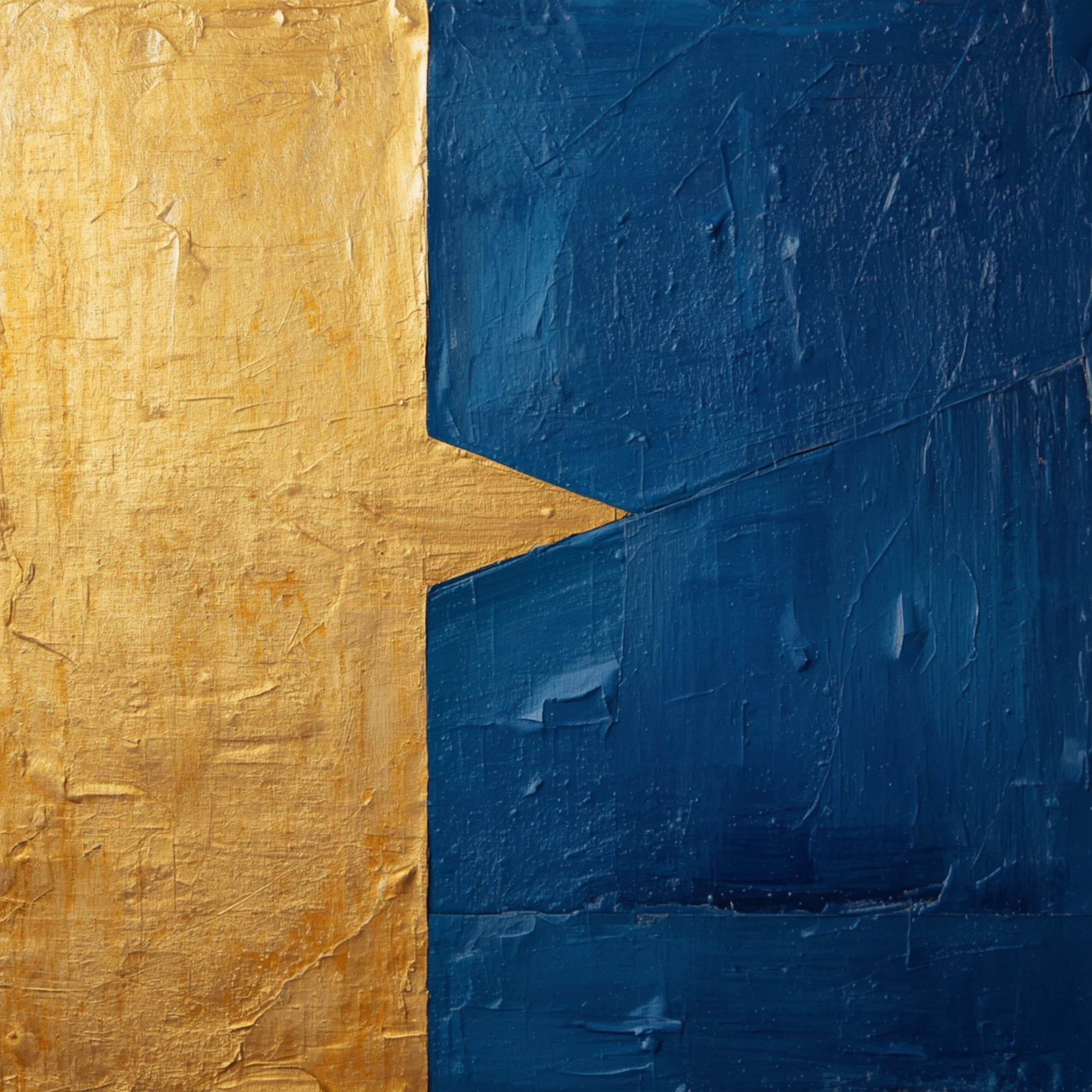 Abstract schilderij met gouden ster silhouet en contrasterende diepblauwe vlakken op goudkleurige achtergrond met getextureerde verfstructuur – modern expressief wall art print voor de studeerkamer
