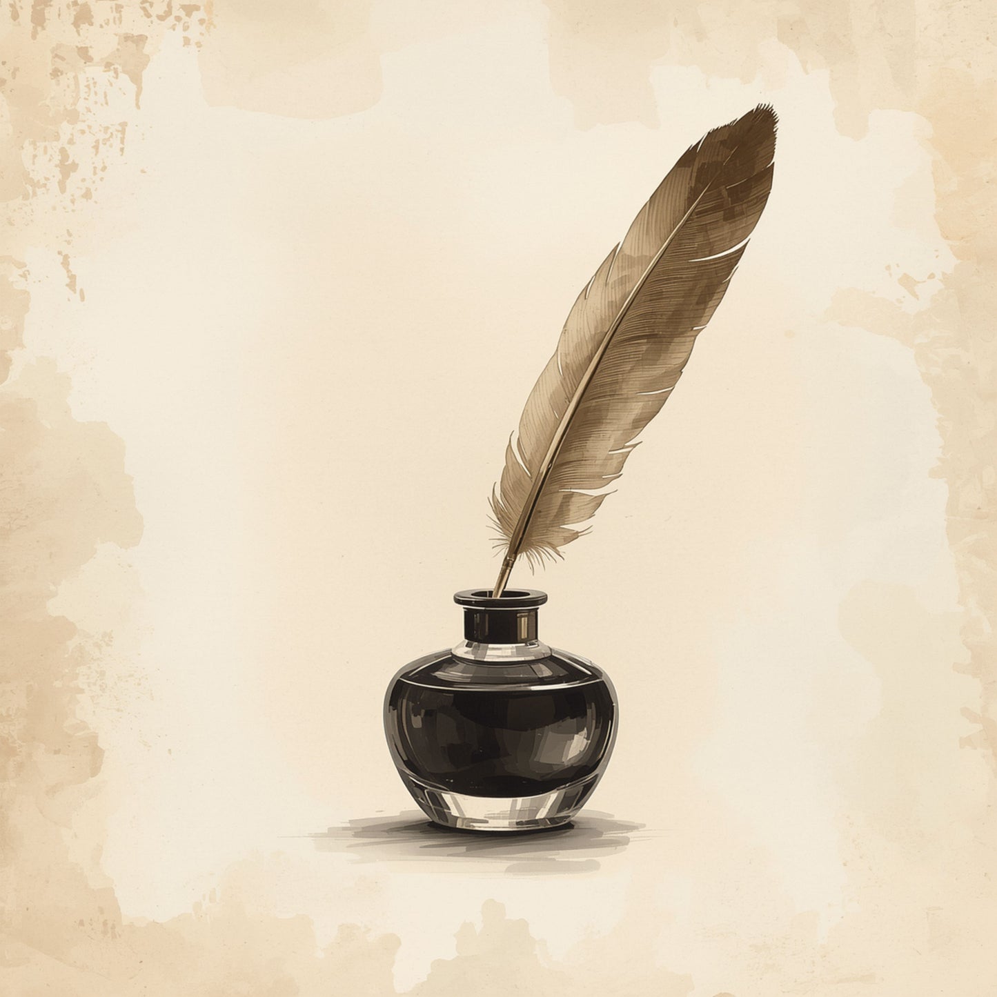 Veer inktpot schilderij met sierlijke lichtbruine schrijfveer in glazen inktpot op warme beige waterverf achtergrond met zachte vlekken en subtiele textuur – klassiek illustratief wall art print
