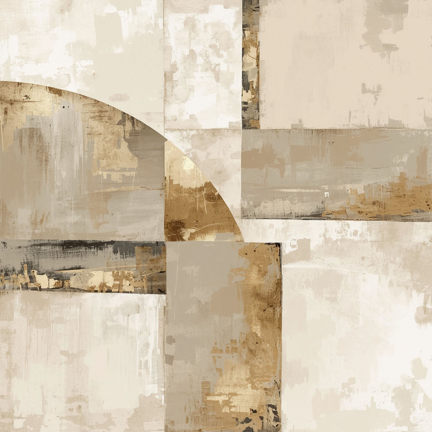 Abstract patchwork schilderij met organische rechthoekige vlakken in beige, oker, zachtgroen en crème met getextureerde verfstructuur – sereen aards wall art print voor de studeerkamer
