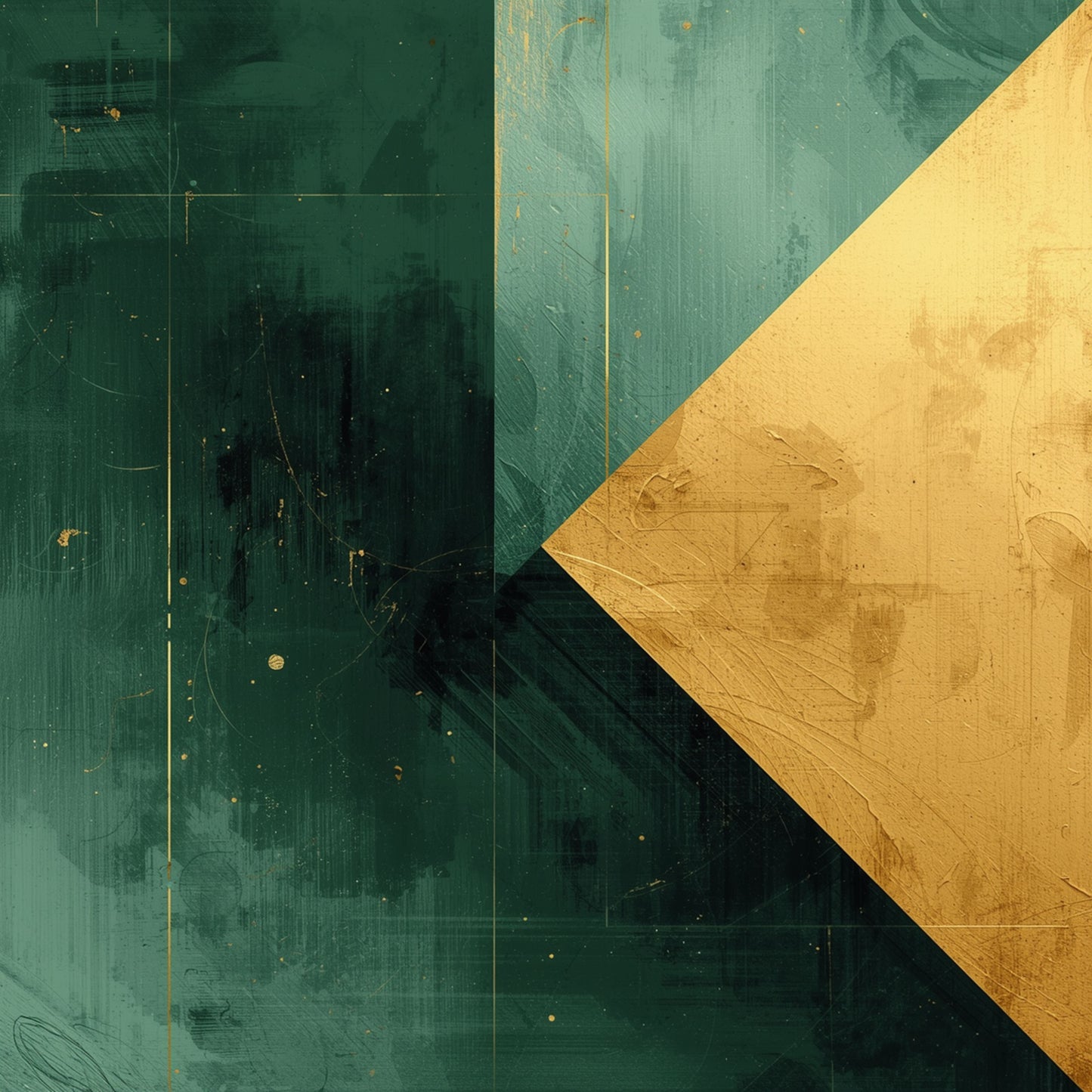 Abstract schilderij met scherpe diagonale gouden driehoek en rijk donkergroen vlak op getextureerde achtergrond met verfstructuur – modern geometrisch wall art print voor de studeerkamer
