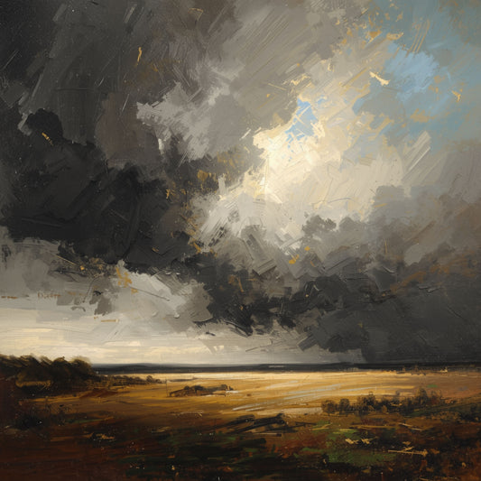 Dramatisch landschap schilderij met dreigende donkere wolkenlucht in grijze en bruine tinten boven een smal warm gouden horizon en donkere aardse vlakte – cinematisch olieverf wall art print voor de studeerkamer
