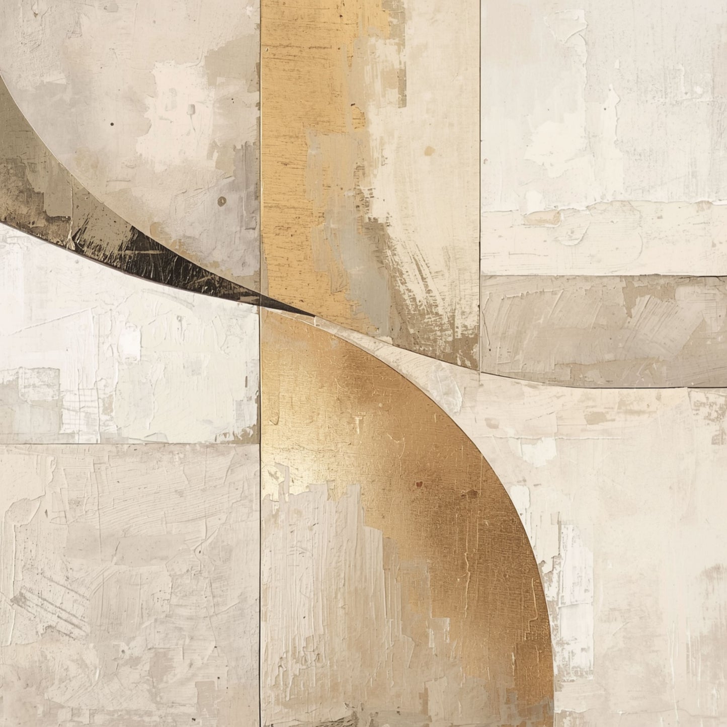 Abstract schilderij met vloeiende organische vormen en zachte gouden booglijnen in warme beige, oker en crèmetinten op lichte achtergrond – sereen minimalistisch wall art print voor de studeerkamer
