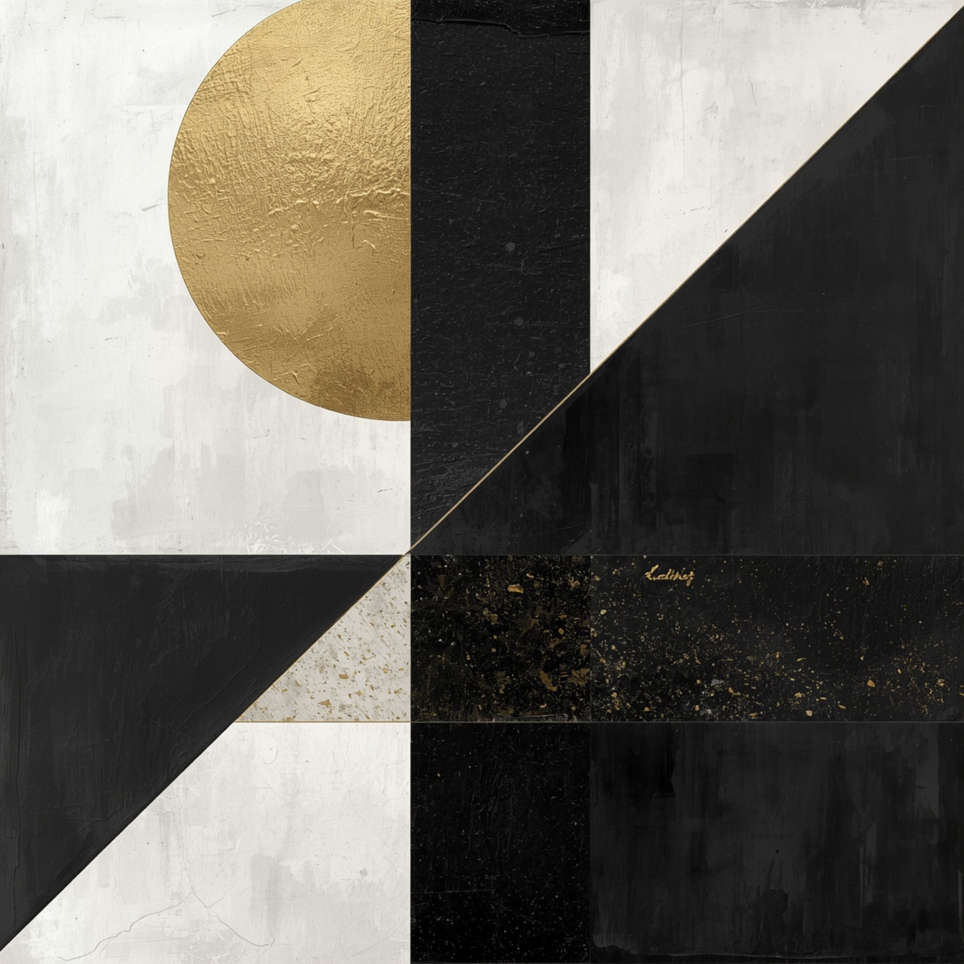 Abstract schilderij met scherpe geometrische zwarte driehoeken en vlakken rond een gouden cirkel op wit fond – modern Bauhaus-stijl wall art print voor de studeerkamer
