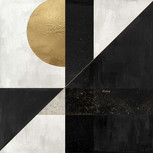 Abstract schilderij met scherpe geometrische zwarte driehoeken en vlakken rond een gouden cirkel op wit fond – modern Bauhaus-stijl wall art print voor de studeerkamer
