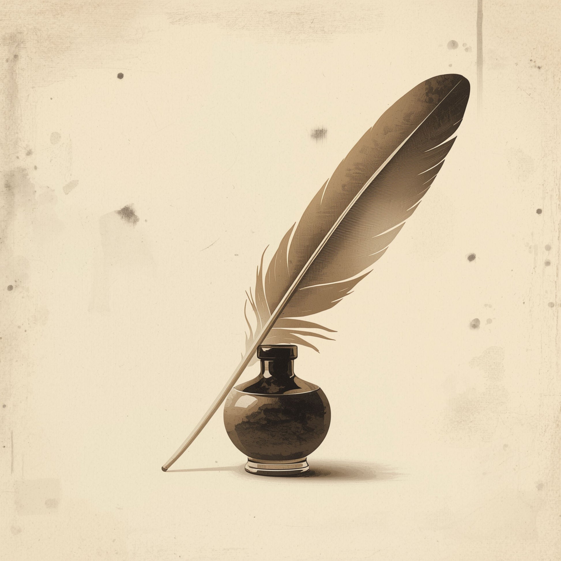 Klassiek schilderij met sierlijke grijsbruine schrijfveer en donkere ronde inktpot op vintage beige achtergrond – fotorealistisch literair wall art print voor de studeerkamer
