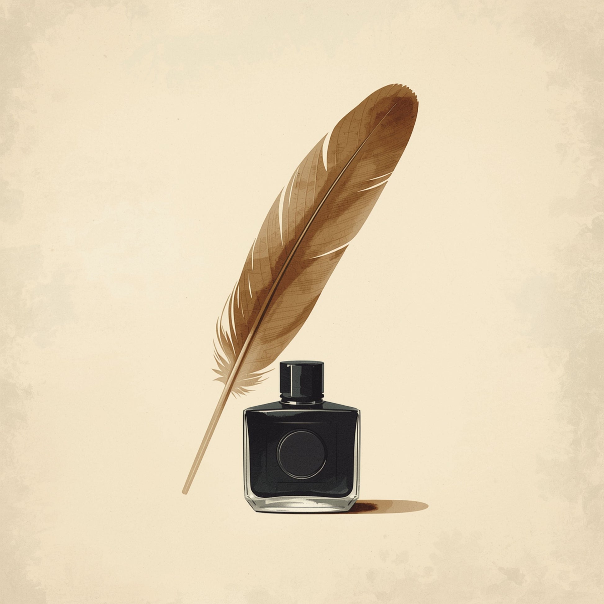 Schilderij met sierlijke gouden schrijfveer en zwarte vierkante inktpot op warm okergeel fond – fotorealistisch literair wall art print voor de studeerkamer
