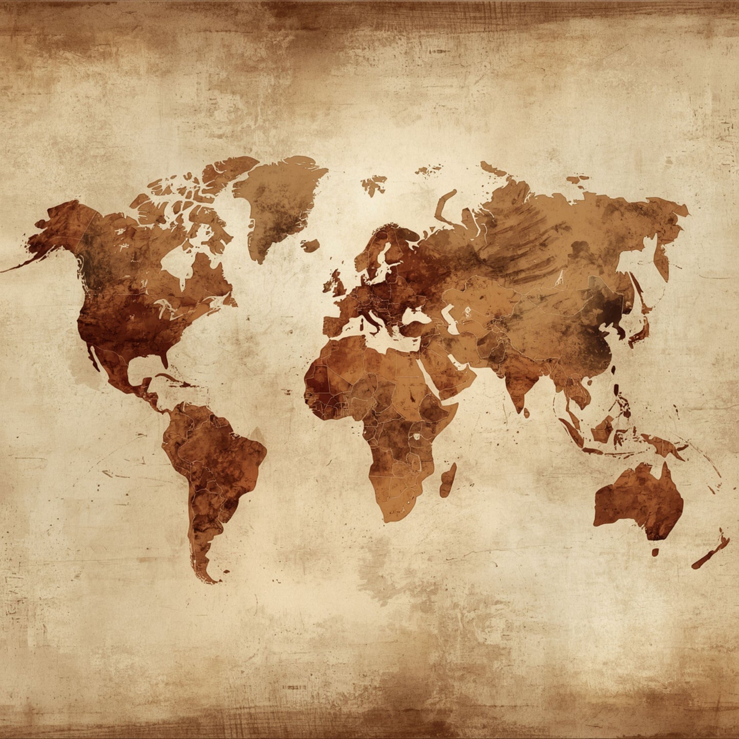 Vintage wereldkaart schilderij met continenten in warme sepia en bruine tinten op verweerd perkament fond met wolkachtige textuur – klassiek antiek reisdecor wall art print voor de studeerkamer
