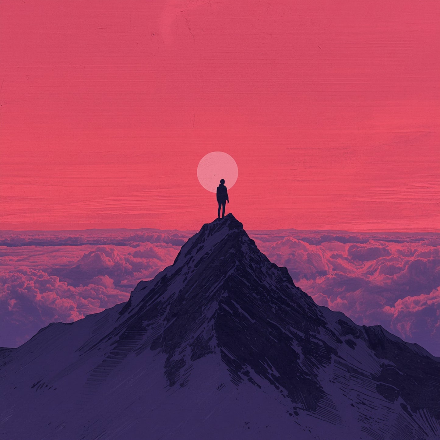 Bergpiek silhouet schilderij met eenzame figuur staand op scherpe donkerpaarse bergpiek boven zee van roze wolken onder stralende witte zon op vurig roze en magenta zonsondergangslucht – minimalistisch digitaal wall art print
