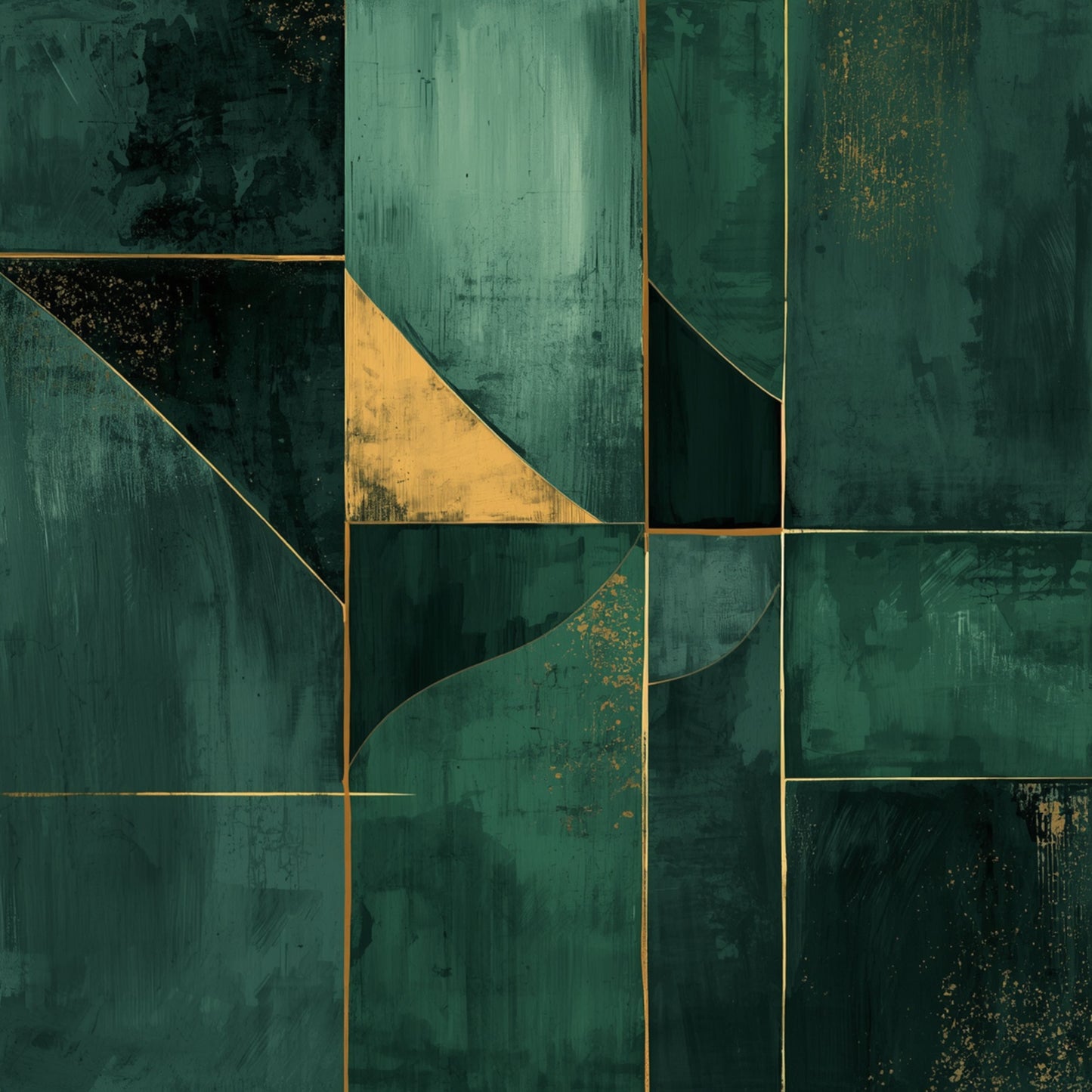 Abstract schilderij met geometrisch patchwork in diepe donkergroene tinten met gouden lijnen en een scherpe gouden driehoek als focuspunt – modern prestige wall art print voor de studeerkamer
