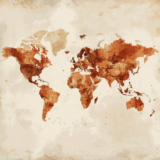 Vintage aquarel wereldkaart schilderij met continenten in warme terracotta en bruine tinten op verweerd beige fond met zachte wolkachtige textuur – klassiek reisdecor wall art print voor de studeerkamer

