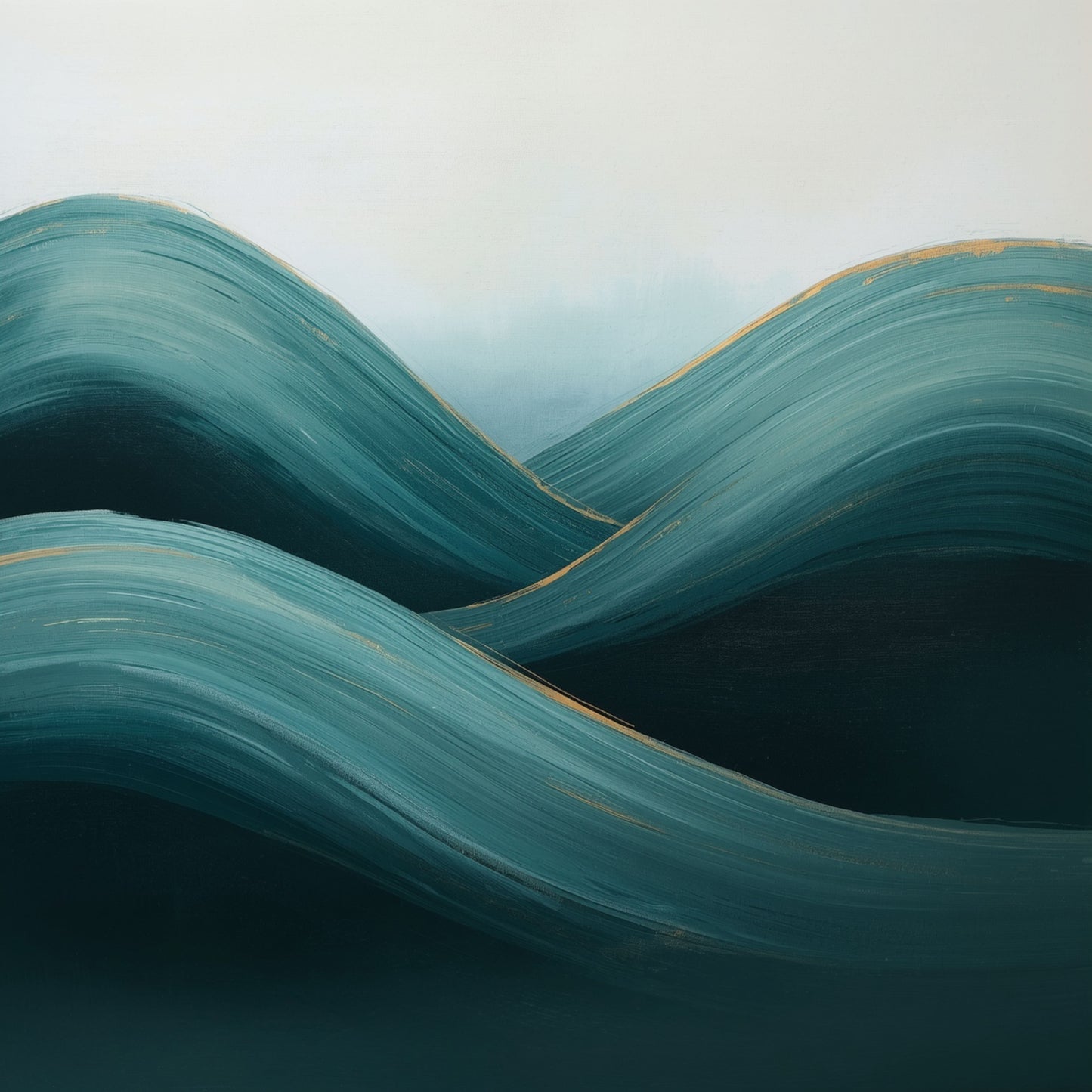 Abstract bergenschilderij met vloeiende golvende berglagen in diepe blauwgroene en smaragdgroene tinten met mistige diepte en zachte lichtreflecties – sereen naturel wall art print voor de slaapkamer

