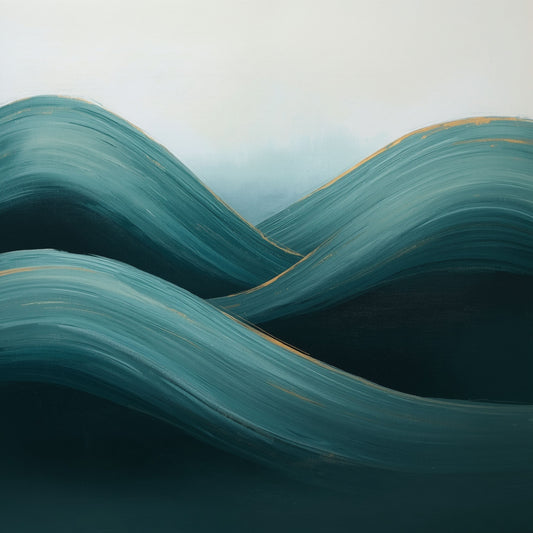 Abstract bergenschilderij met vloeiende golvende berglagen in diepe blauwgroene en smaragdgroene tinten met mistige diepte en zachte lichtreflecties – sereen naturel wall art print voor de slaapkamer
