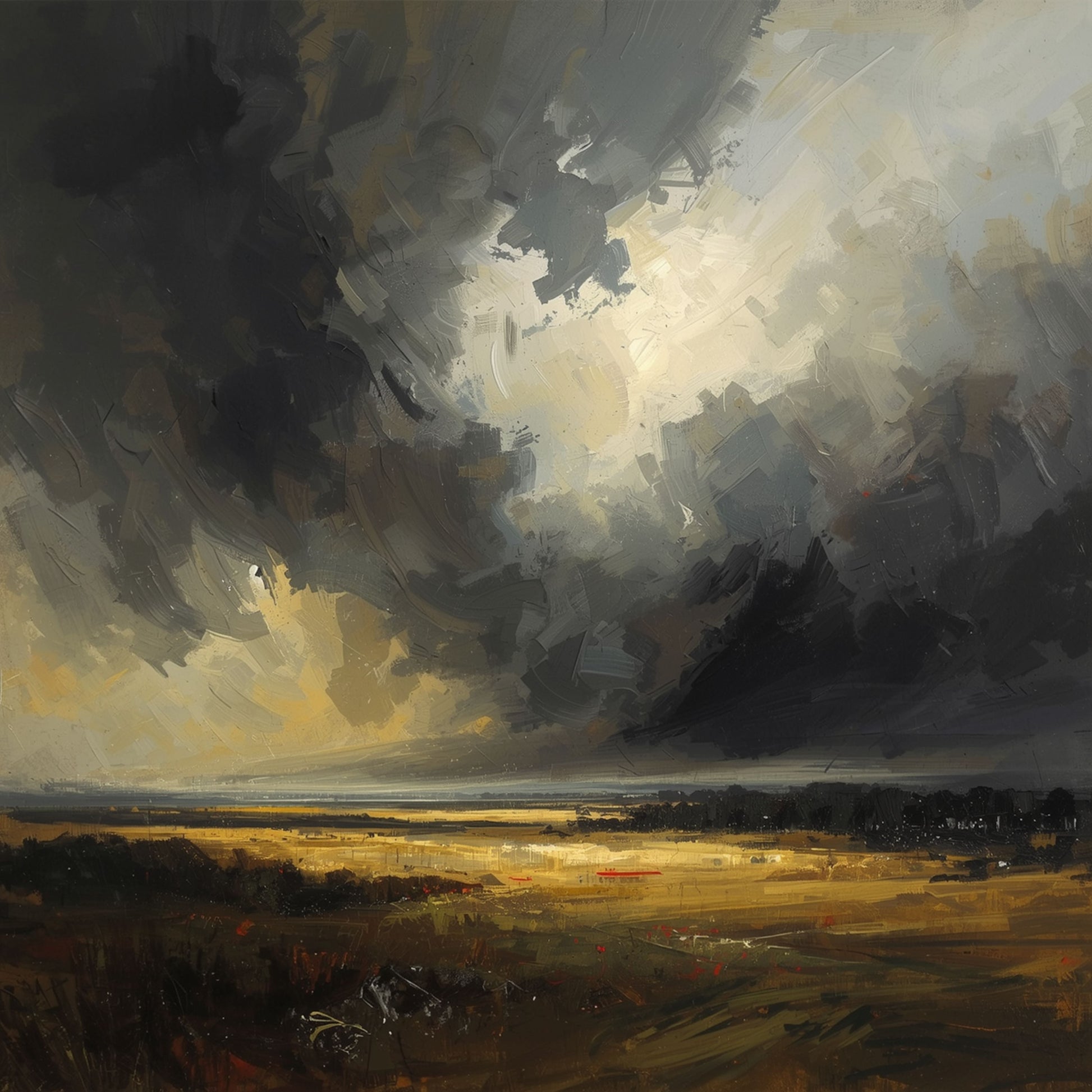 Dramatisch wolkenlandschap schilderij met dreigende donkere stormlucht en warme gouden lichtstraal die door de wolken breekt boven een donkere aardse vlakte – cinematisch olieverf wall art print voor de studeerkamer
