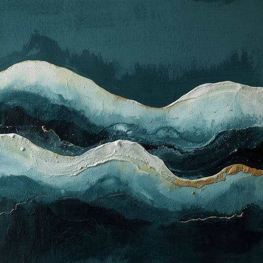 Abstract oceaan schilderij met krachtige diepblauwe en smaragdgroene golven met witte schuimkoppen en subtiele gouden lichtlijn op donkere achtergrond – expressief maritiem wall art print voor de slaapkamer
