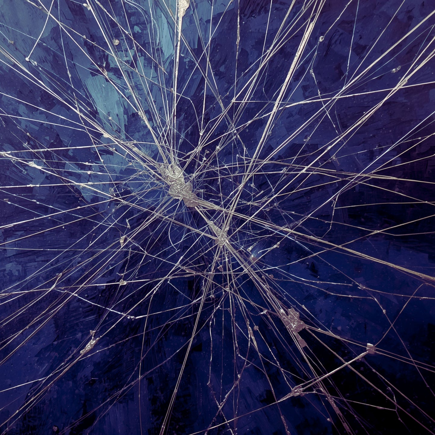 Abstract neuraal explosie schilderij met explosief web van witte en zilveren lijnen die uitbarsten vanuit een centraal knooppunt op diep marineblauw en paarse achtergrond met subtiele glinstering – abstract wall art print
