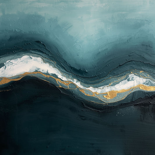 Abstract oceaan schilderij met vloeiende diepblauwe en grijsblauwe golfstructuur en subtiele gouden lichtlijn op donkere achtergrond – sereen cinematisch wall art print voor de slaapkamer
